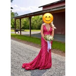 Jovani 59762 Low V Neck Sequin Sheath Prom Dress Fuchsia Size 0